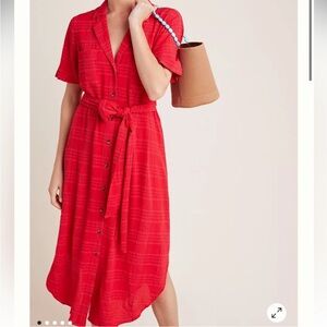 Anthropologie Maeve Aria Textured button-up red midi dress Large